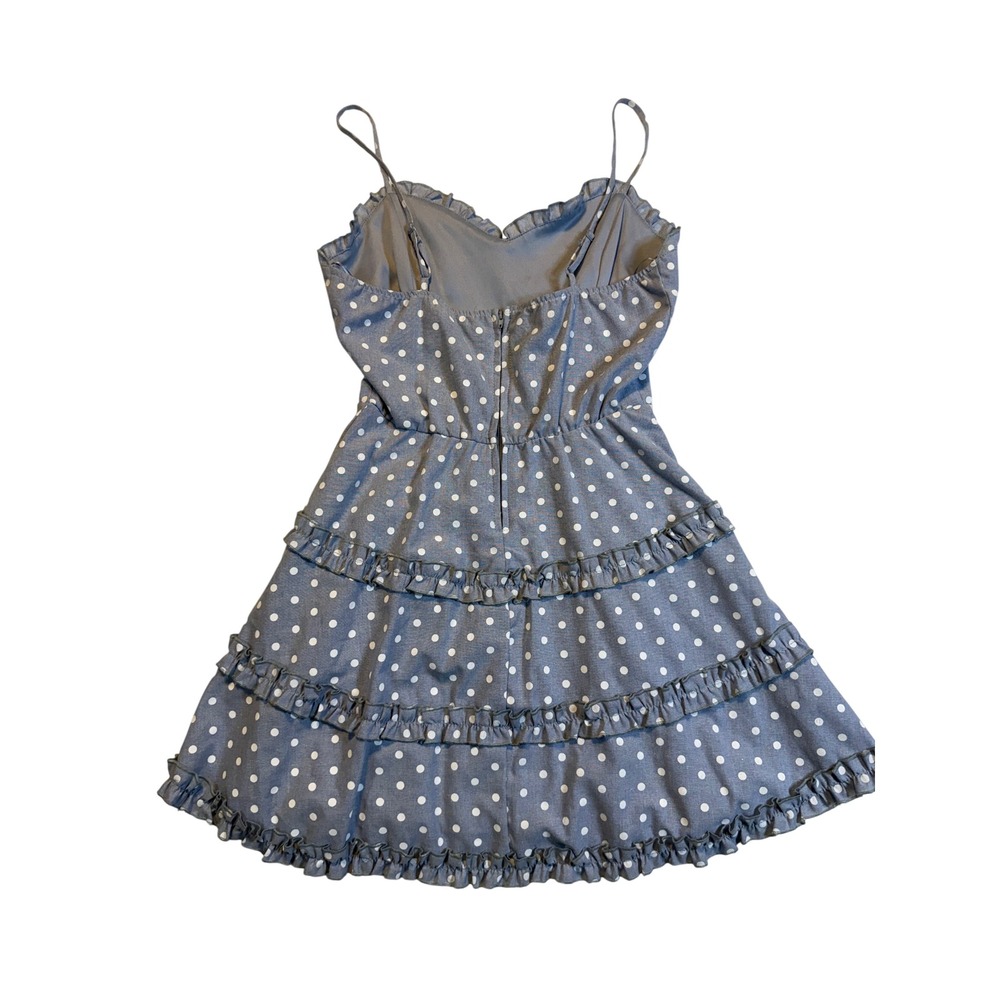 Mi Ami Womens Blue Polka Dot Ruffle Tiered Mini Dress Spaghetti Strap Size L - Picture 2 of 4